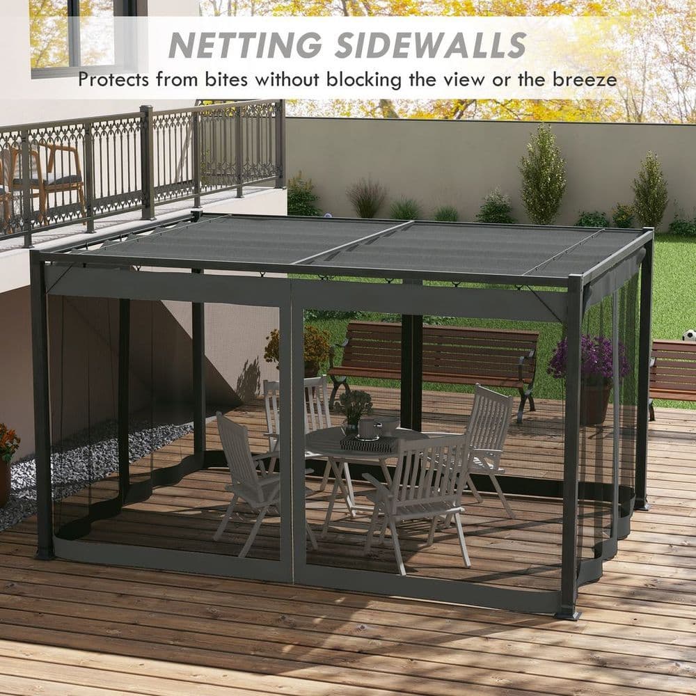 image-Outsunny 3 x 4m Pergola with Retractable Roof and Netting, Dark Grey