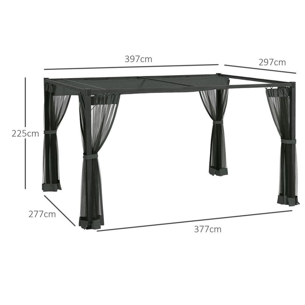 image-Outsunny 3 x 4m Pergola with Retractable Roof and Netting, Dark Grey