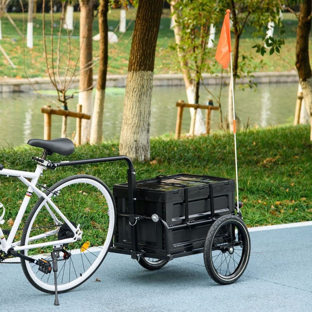 image-HOMCOM Bicycle Trailer with Foldable Storage Box and Pneumatic Tyres, Black