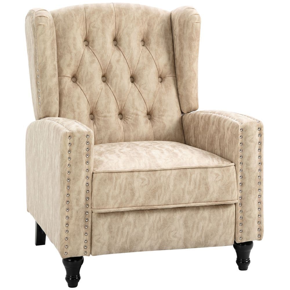 image-HOMCOM Marble Effect Manual Reclining Armchair w/ Footrest Studs Wood Legs Beige