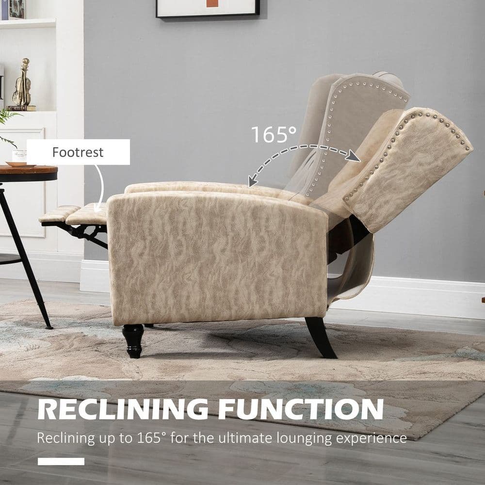 image-HOMCOM Marble Effect Manual Reclining Armchair w/ Footrest Studs Wood Legs Beige
