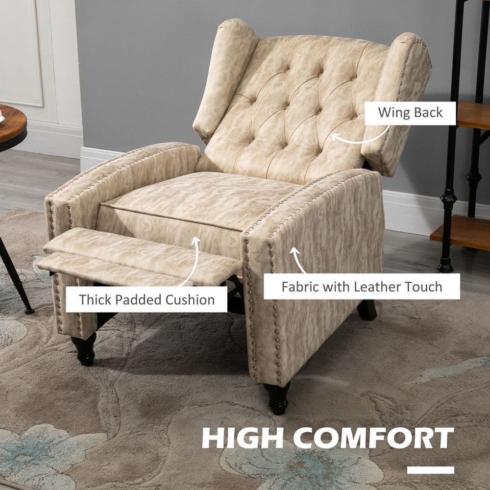 image-HOMCOM Marble Effect Manual Reclining Armchair w/ Footrest Studs Wood Legs Beige