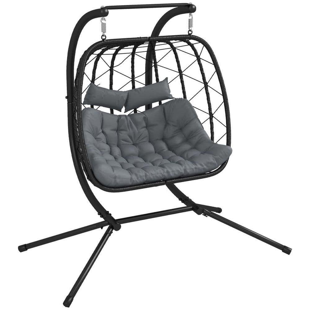 image-Outsunny PE Hanging Swing Chair with Thick Cushion, Patio Hanging Chair, Black
