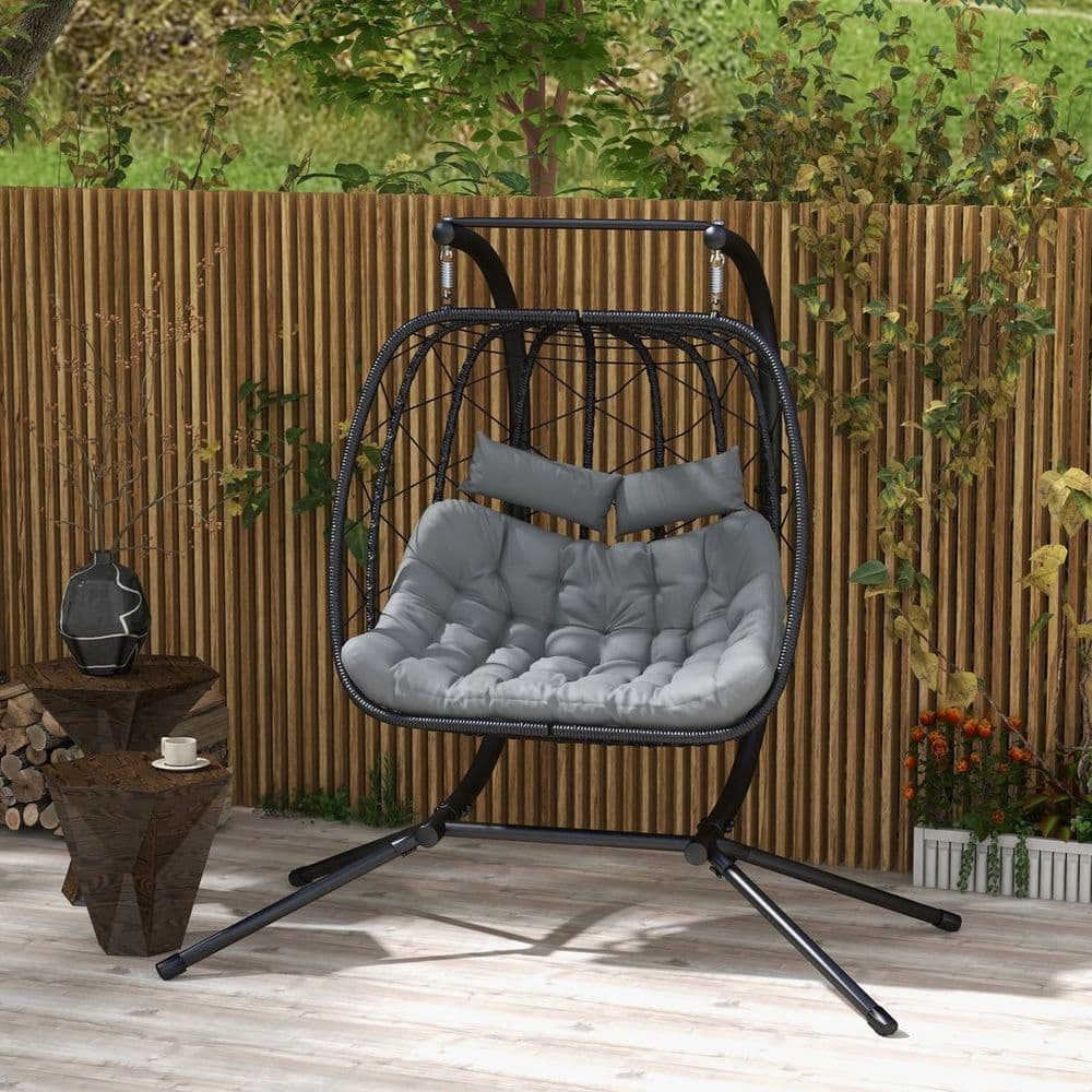 image-Outsunny PE Hanging Swing Chair with Thick Cushion, Patio Hanging Chair, Black