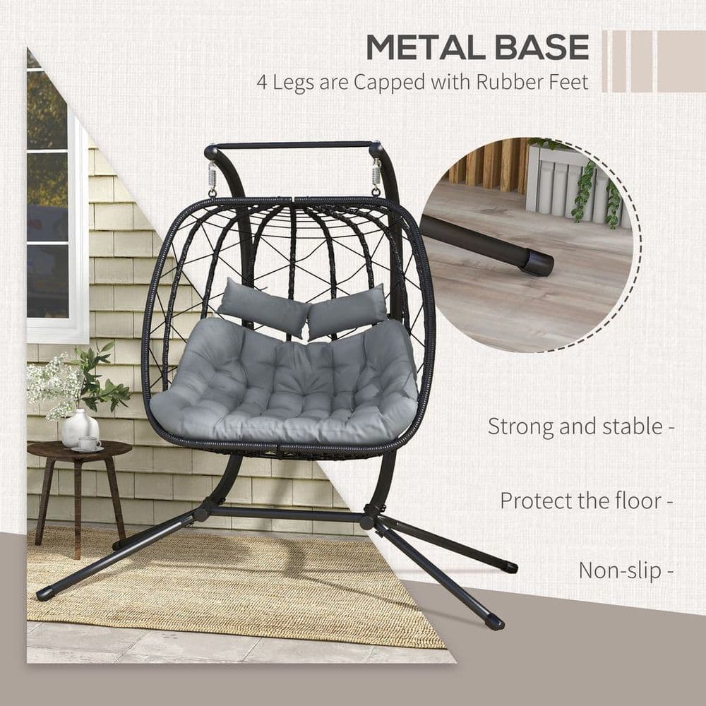 image-Outsunny PE Hanging Swing Chair with Thick Cushion, Patio Hanging Chair, Black