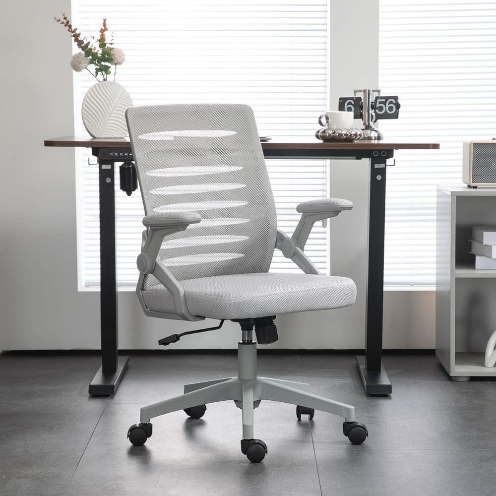 image-Vinsetto Mesh Office Chair Home Swivel Task Chair w/ Lumbar Support, Arm, Grey