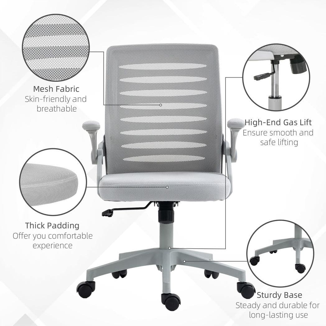 image-Vinsetto Mesh Office Chair Home Swivel Task Chair w/ Lumbar Support, Arm, Grey