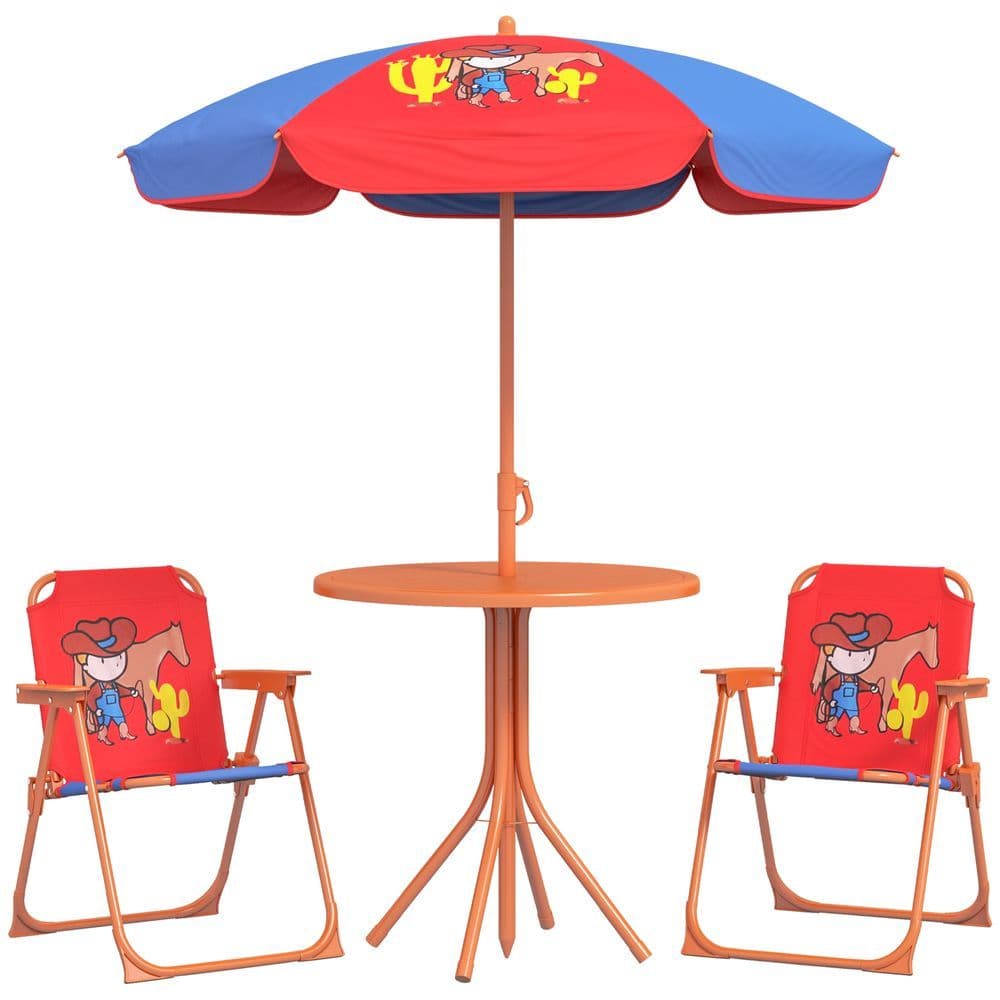image-Outsunny Kids Bistro Table and Chair Set with Cowboy Theme, Adjustable Parasol