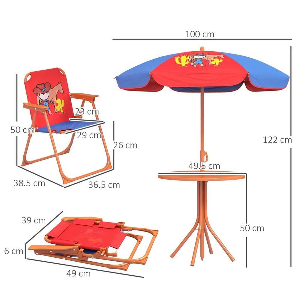 image-Outsunny Kids Bistro Table and Chair Set with Cowboy Theme, Adjustable Parasol