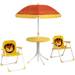 image-Outsunny Kids Bistro Table and Chair Set with Lion Theme, Adjustable Parasol