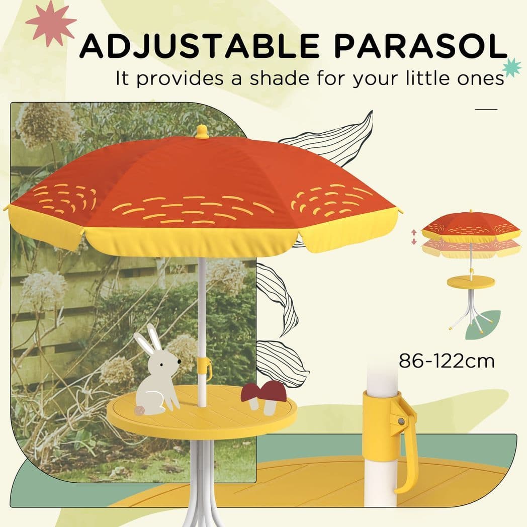 image-Outsunny Kids Bistro Table and Chair Set with Lion Theme, Adjustable Parasol