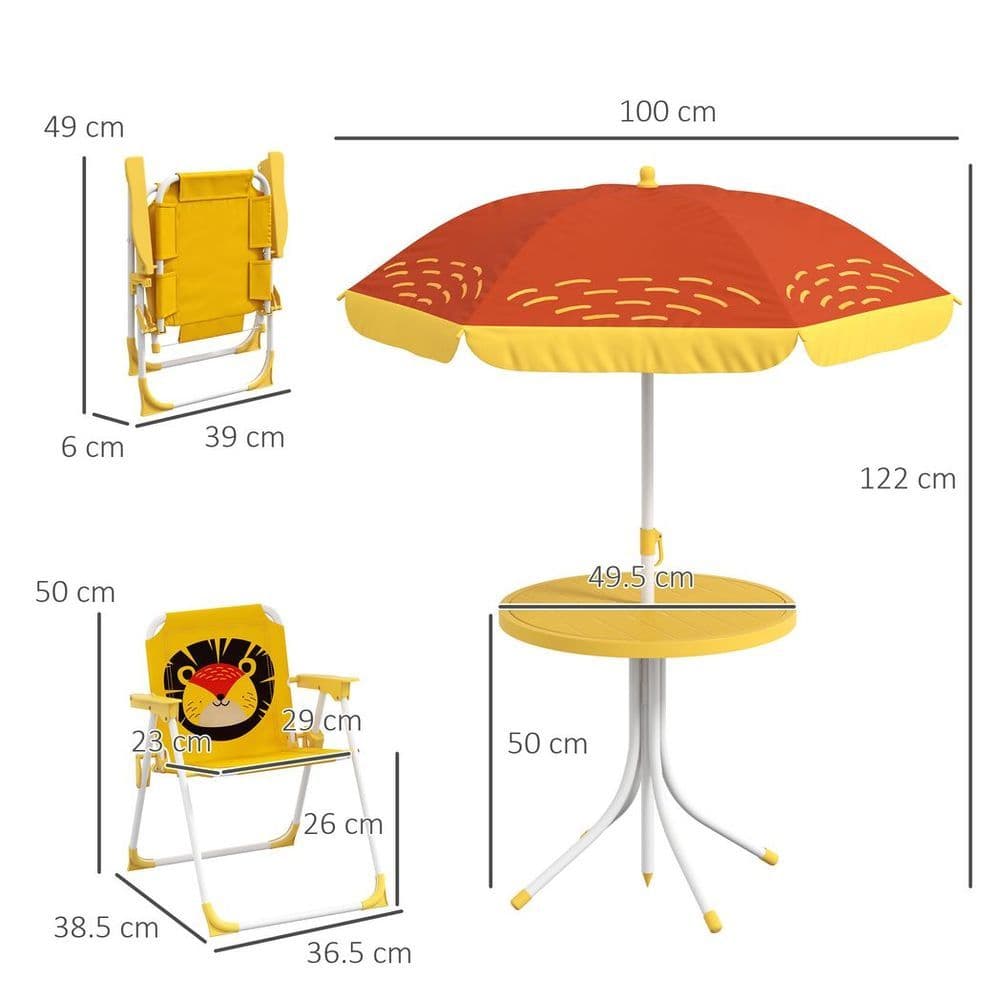 image-Outsunny Kids Bistro Table and Chair Set with Lion Theme, Adjustable Parasol