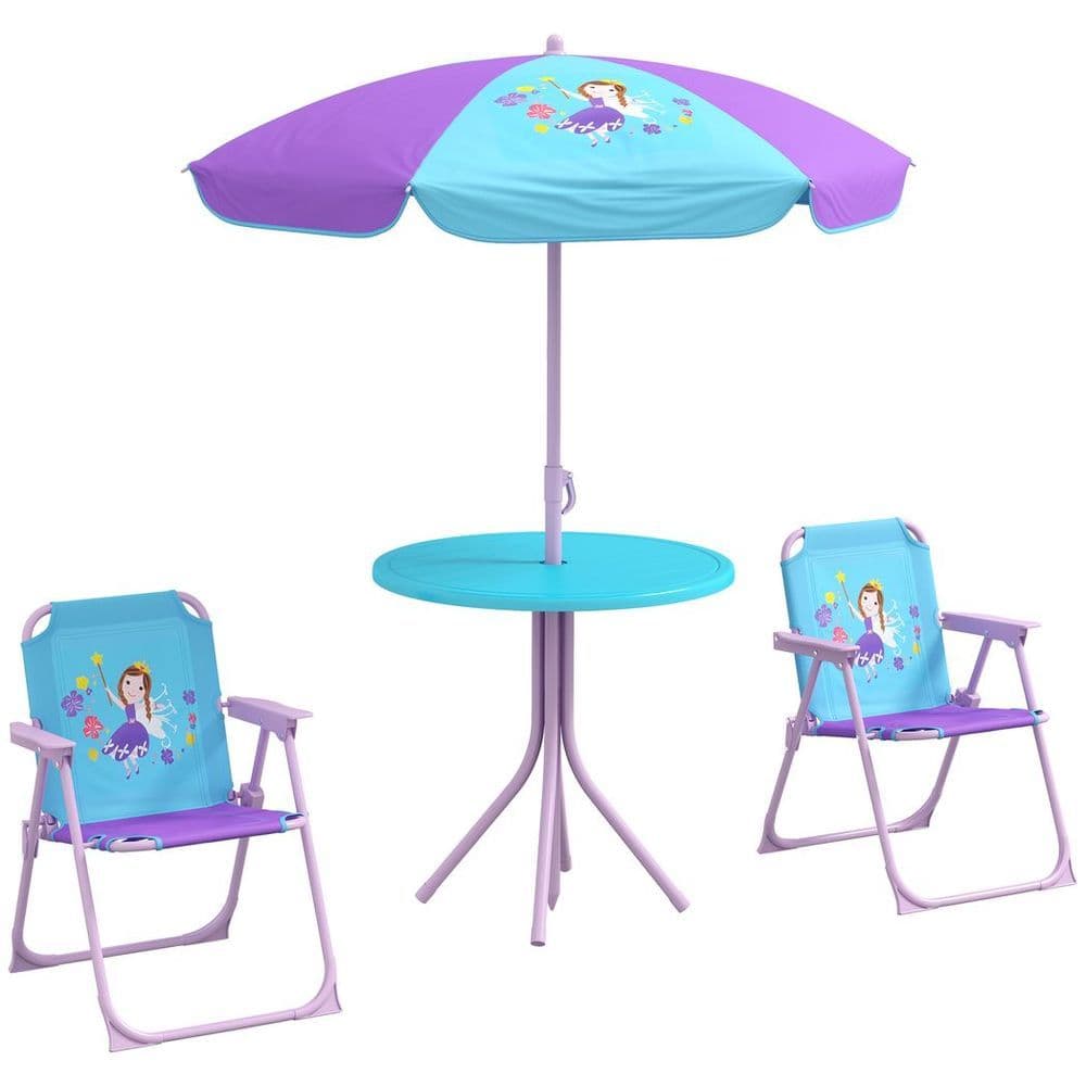image-Outsunny Kids Bistro Table and Chair Set with Fairy Theme, Adjustable Parasol