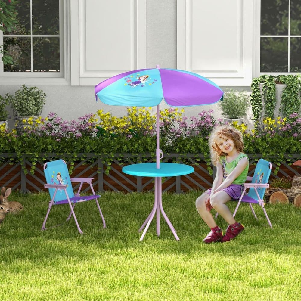 image-Outsunny Kids Bistro Table and Chair Set with Fairy Theme, Adjustable Parasol
