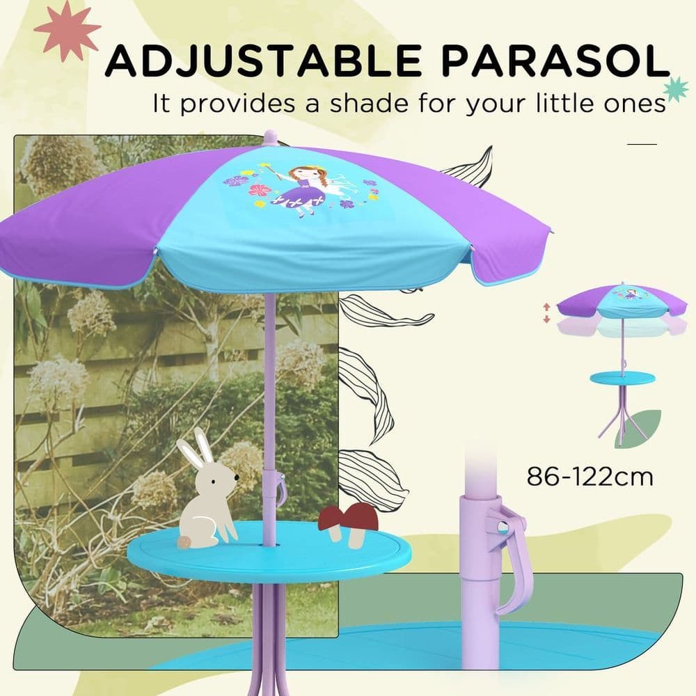 image-Outsunny Kids Bistro Table and Chair Set with Fairy Theme, Adjustable Parasol