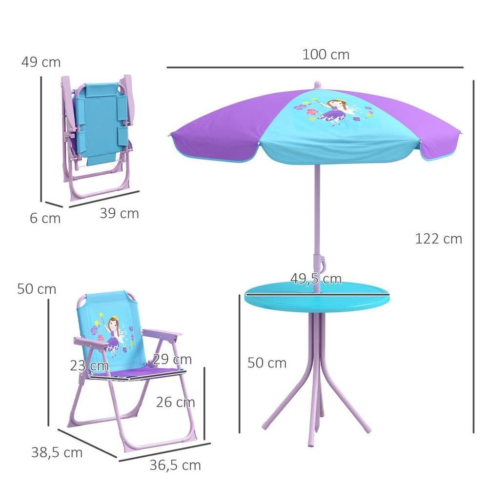 image-Outsunny Kids Bistro Table and Chair Set with Fairy Theme, Adjustable Parasol