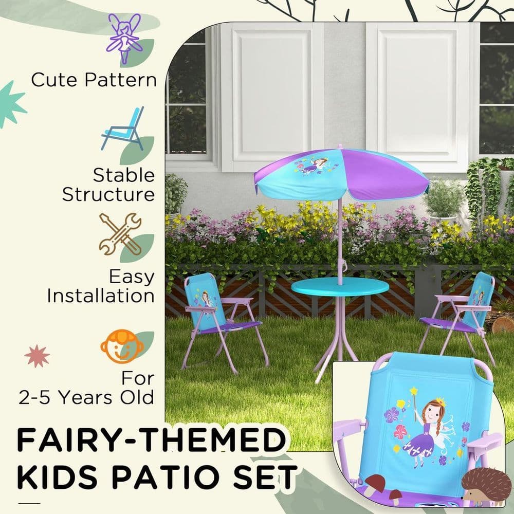 image-Outsunny Kids Bistro Table and Chair Set with Fairy Theme, Adjustable Parasol