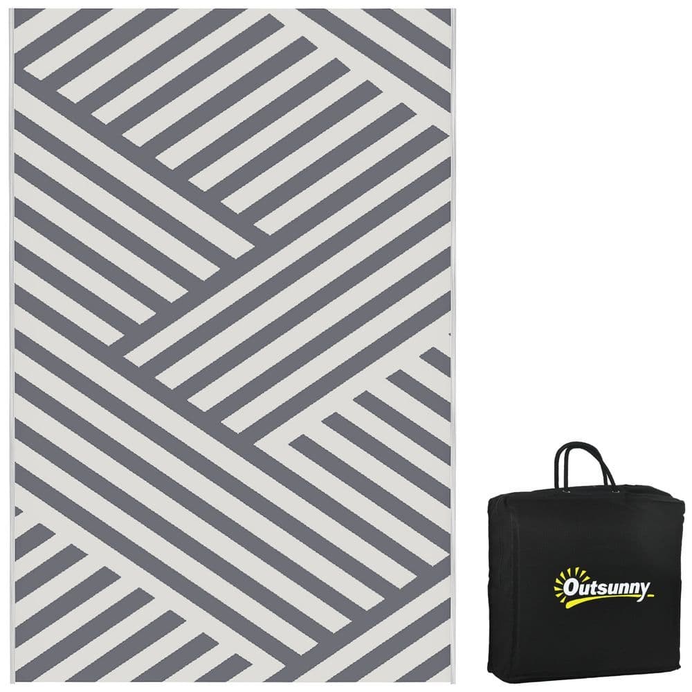 image-Outsunny Reversible Waterproof Outdoor Rug with Carry Bag, 182 x 274cm, Grey
