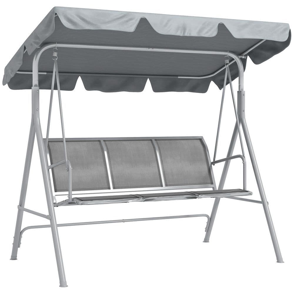 image-Outsunny Metal Swing Chair Garden Hammock 3 Seater Patio Bench with Canopy, Grey