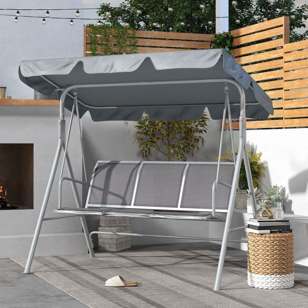 image-Outsunny Metal Swing Chair Garden Hammock 3 Seater Patio Bench with Canopy, Grey