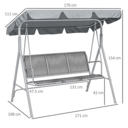 image-Outsunny Metal Swing Chair Garden Hammock 3 Seater Patio Bench with Canopy, Grey