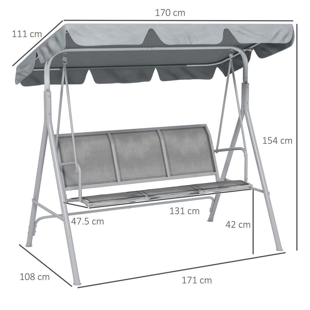image-Outsunny Metal Swing Chair Garden Hammock 3 Seater Patio Bench with Canopy, Grey