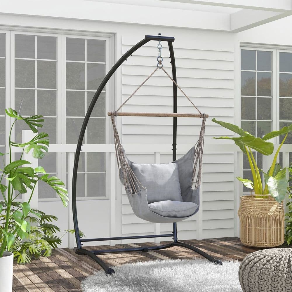 image-Outsunny Hammock Chair Stand with Metal Frame C Shape Hammock Stand Only, Black