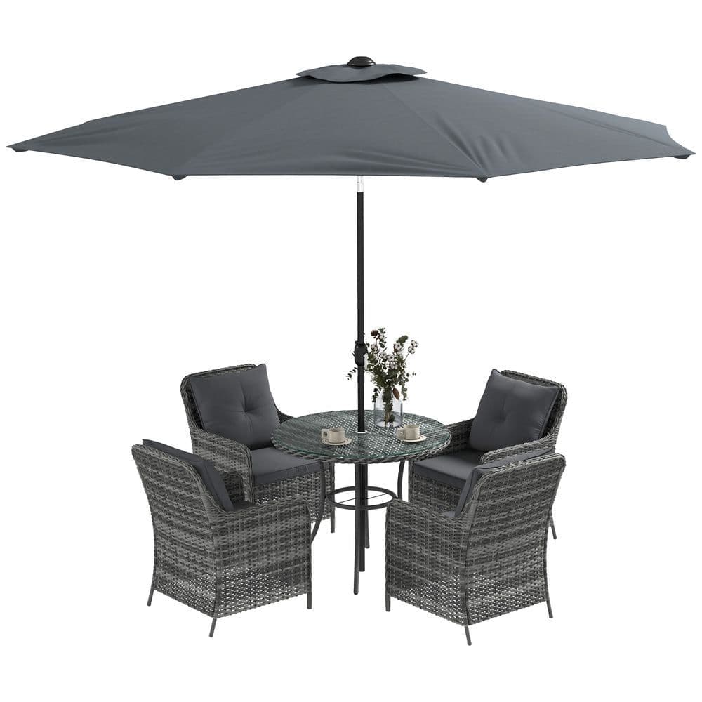 image-Outsunny 6 Pieces Rattan Garden Furniture with Umbrella, Cushions - Mix Grey