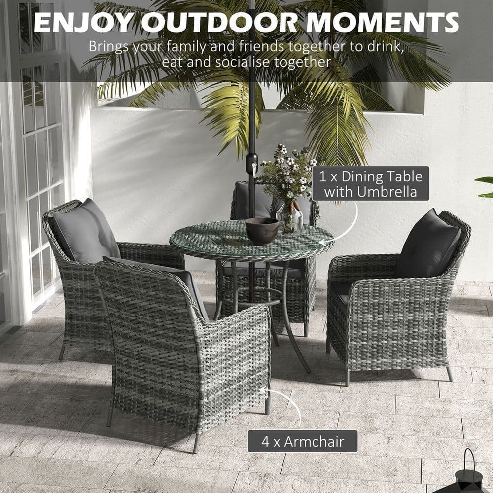image-Outsunny 6 Pieces Rattan Garden Furniture with Umbrella, Cushions - Mix Grey