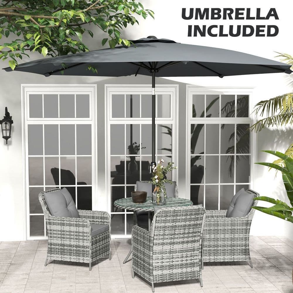 image-Outsunny 6 Pieces Rattan Garden Furniture with Umbrella, Cushions - Mix Grey