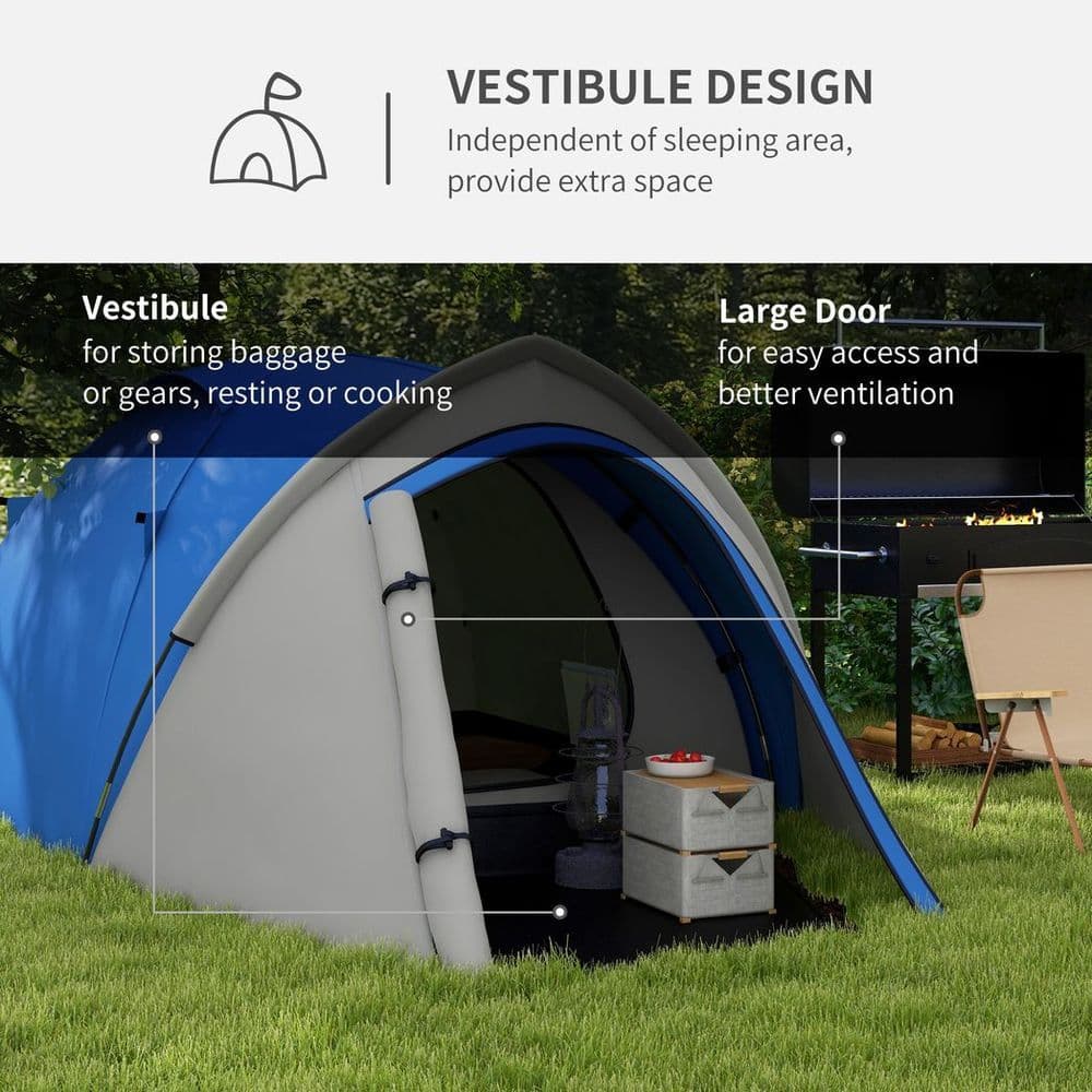 image-Outsunny Compact Camping Tent with Vestibule & Mesh Vents for Hiking Blue