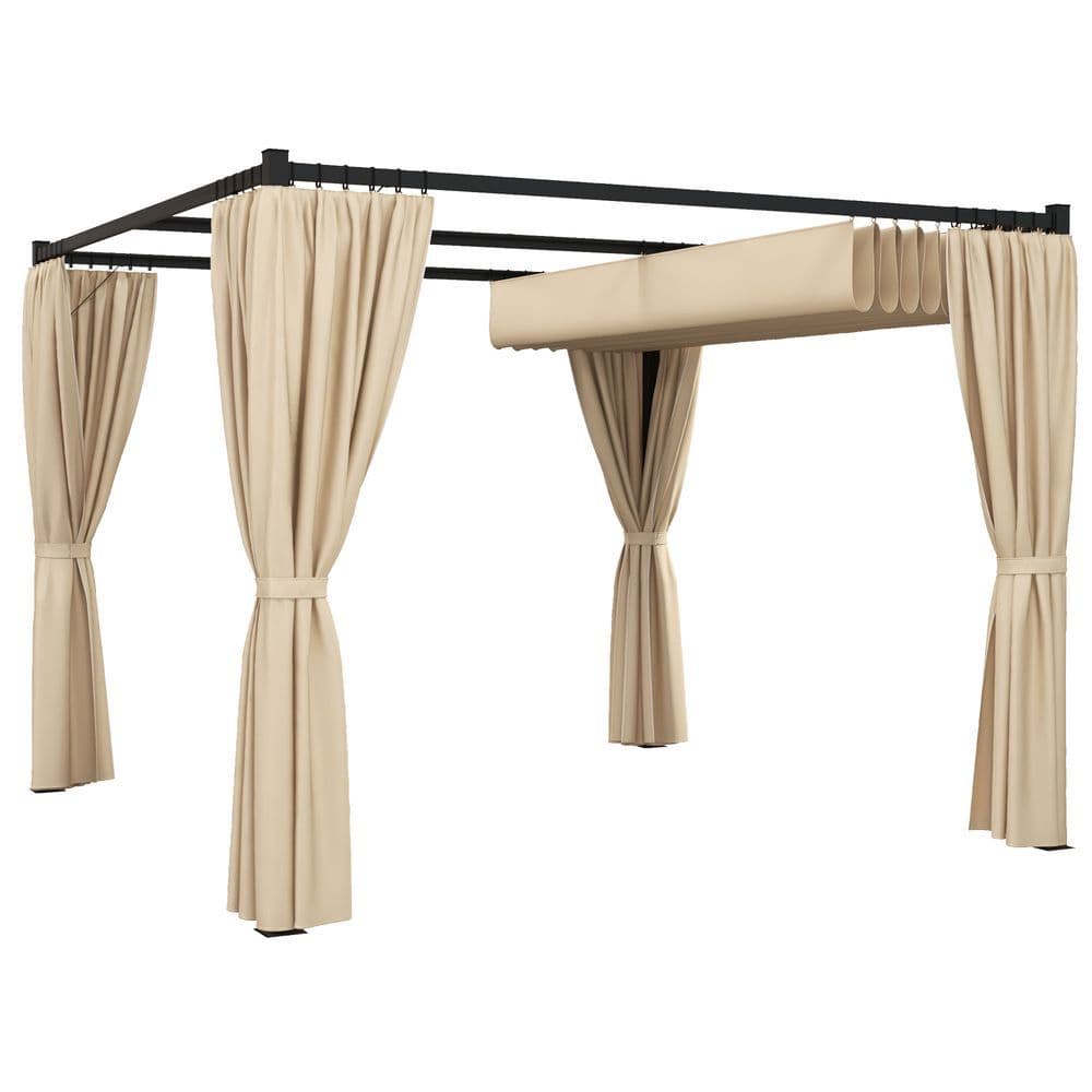 image-Outsunny 3 x 3(m) Pergola with Retractable Roof and Curtains, Beige