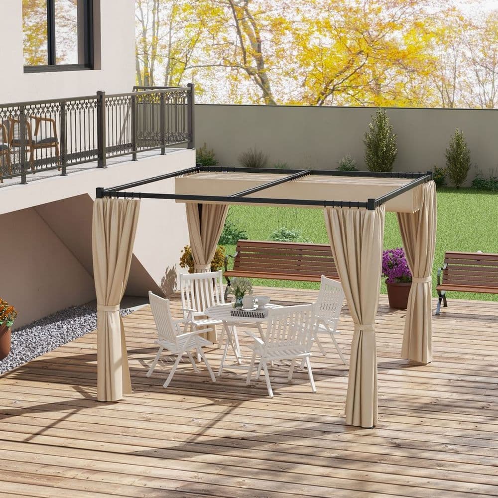 image-Outsunny 3 x 3(m) Pergola with Retractable Roof and Curtains, Beige