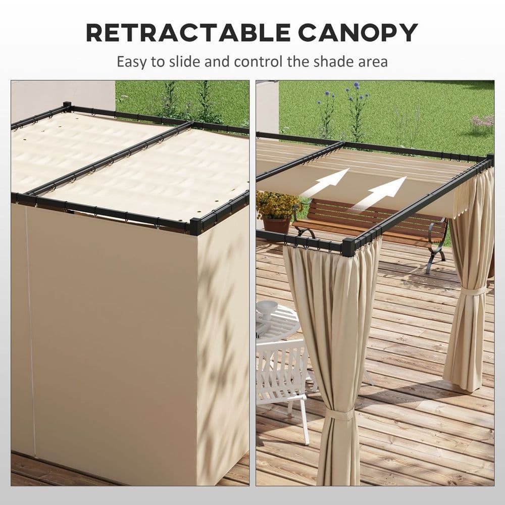 image-Outsunny 3 x 3(m) Pergola with Retractable Roof and Curtains, Beige