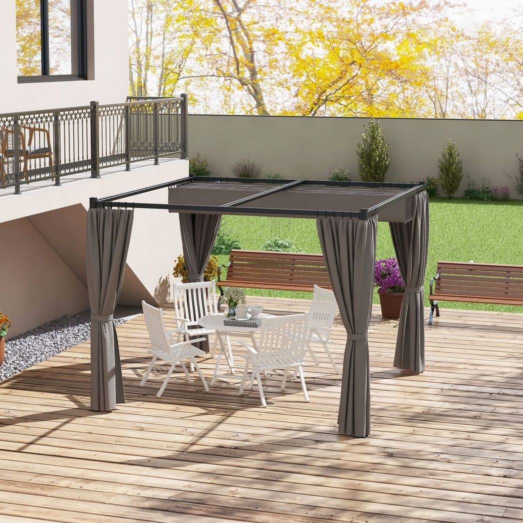 image-Outsunny 3 x 3(m) Pergola with Retractable Roof and Curtains, Light Grey