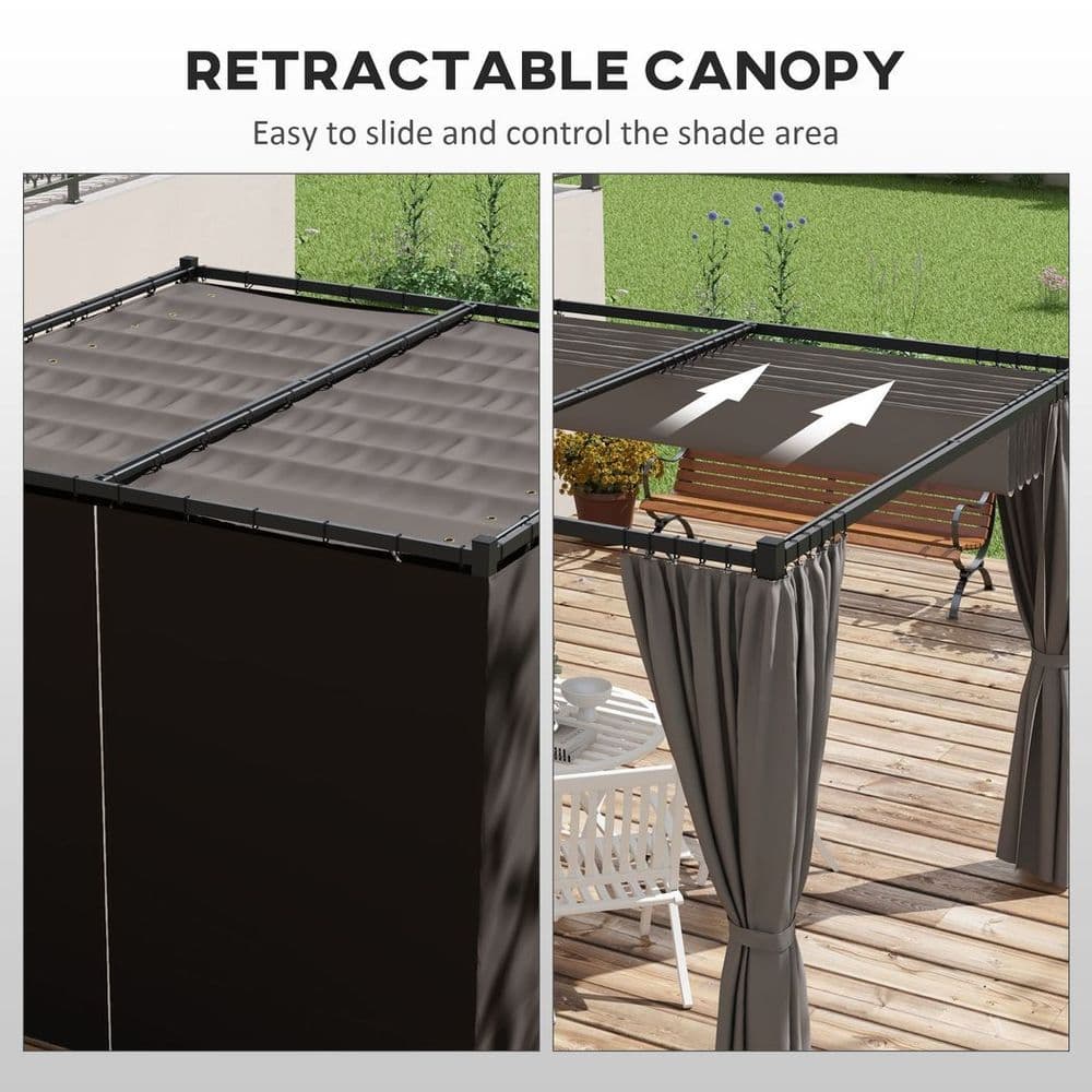 image-Outsunny 3 x 3(m) Pergola with Retractable Roof and Curtains, Light Grey