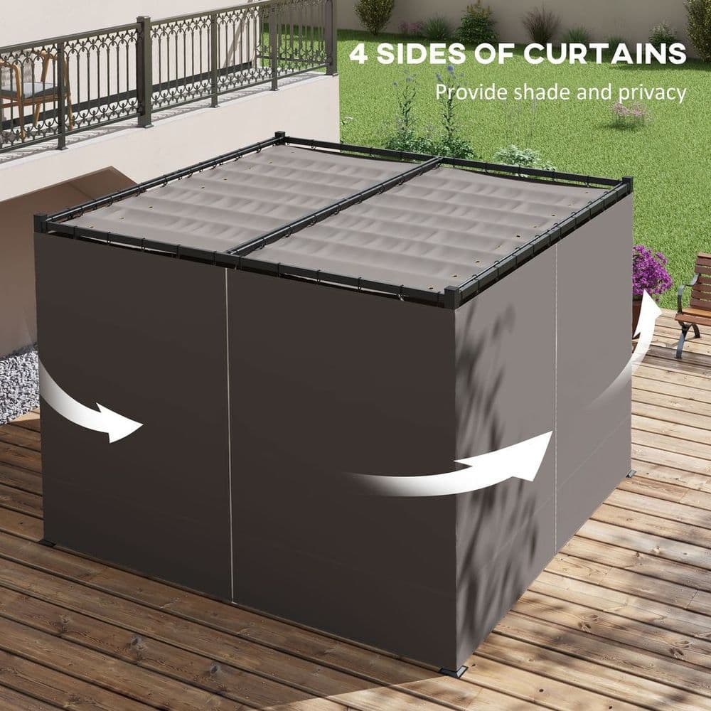 image-Outsunny 3 x 3(m) Pergola with Retractable Roof and Curtains, Light Grey