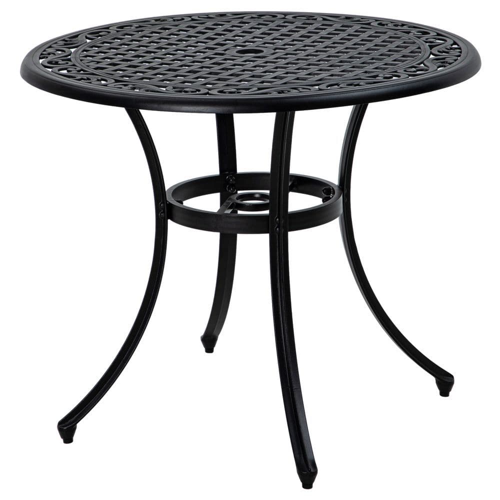image-Outsunny Garden Table with Parasol Hole for 2-4, Cast Aluminium Frame - Black