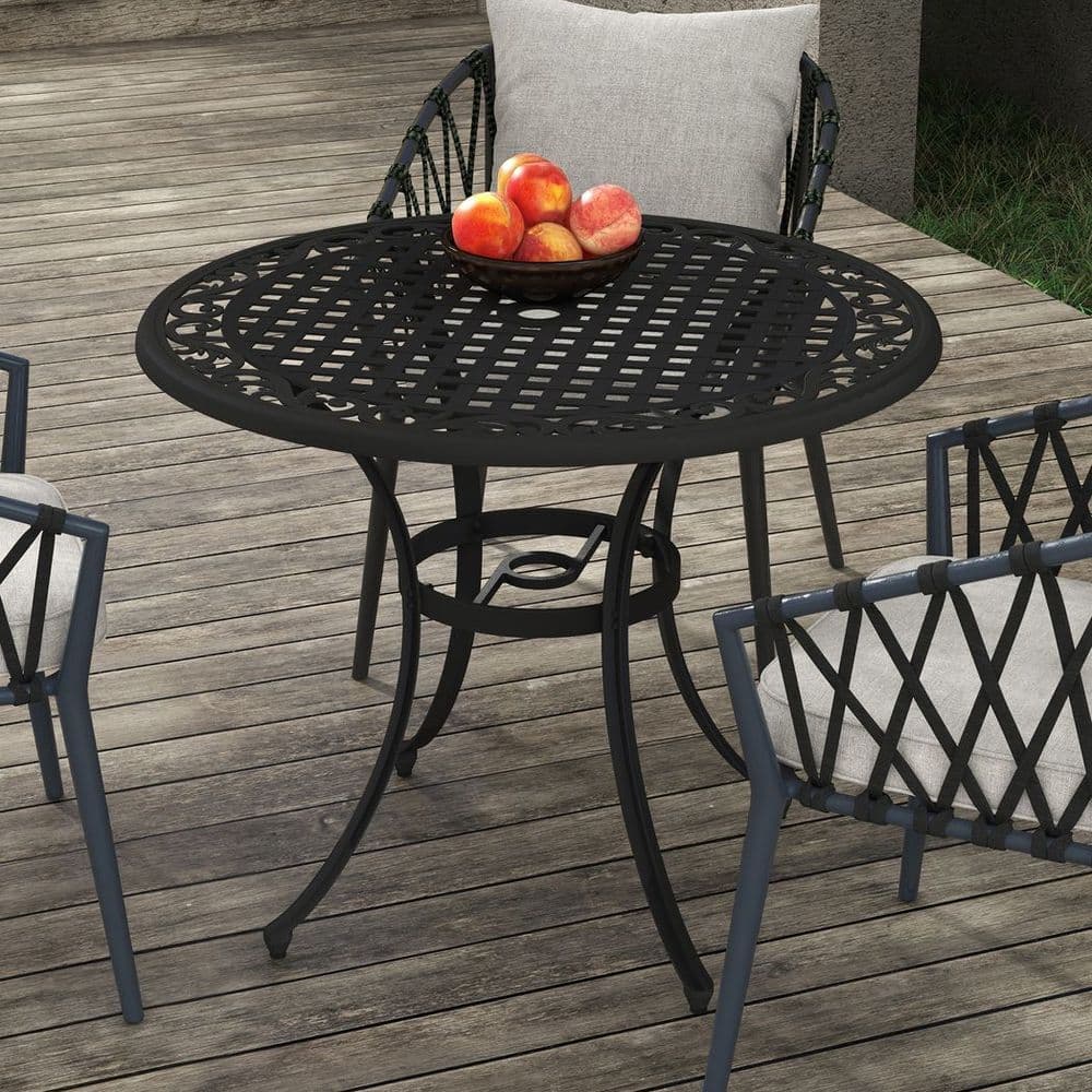 image-Outsunny Garden Table with Parasol Hole for 2-4, Cast Aluminium Frame - Black