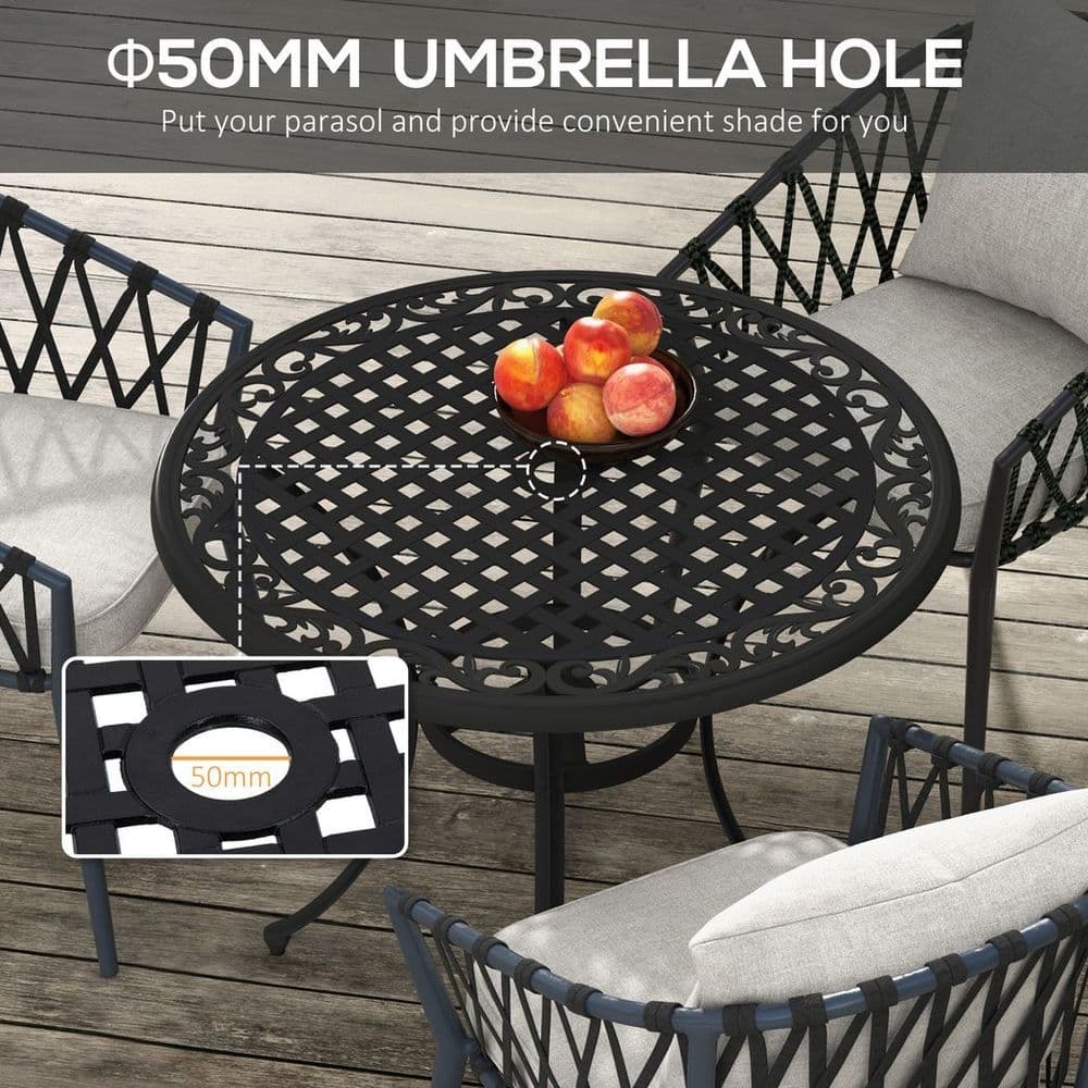 image-Outsunny Garden Table with Parasol Hole for 2-4, Cast Aluminium Frame - Black