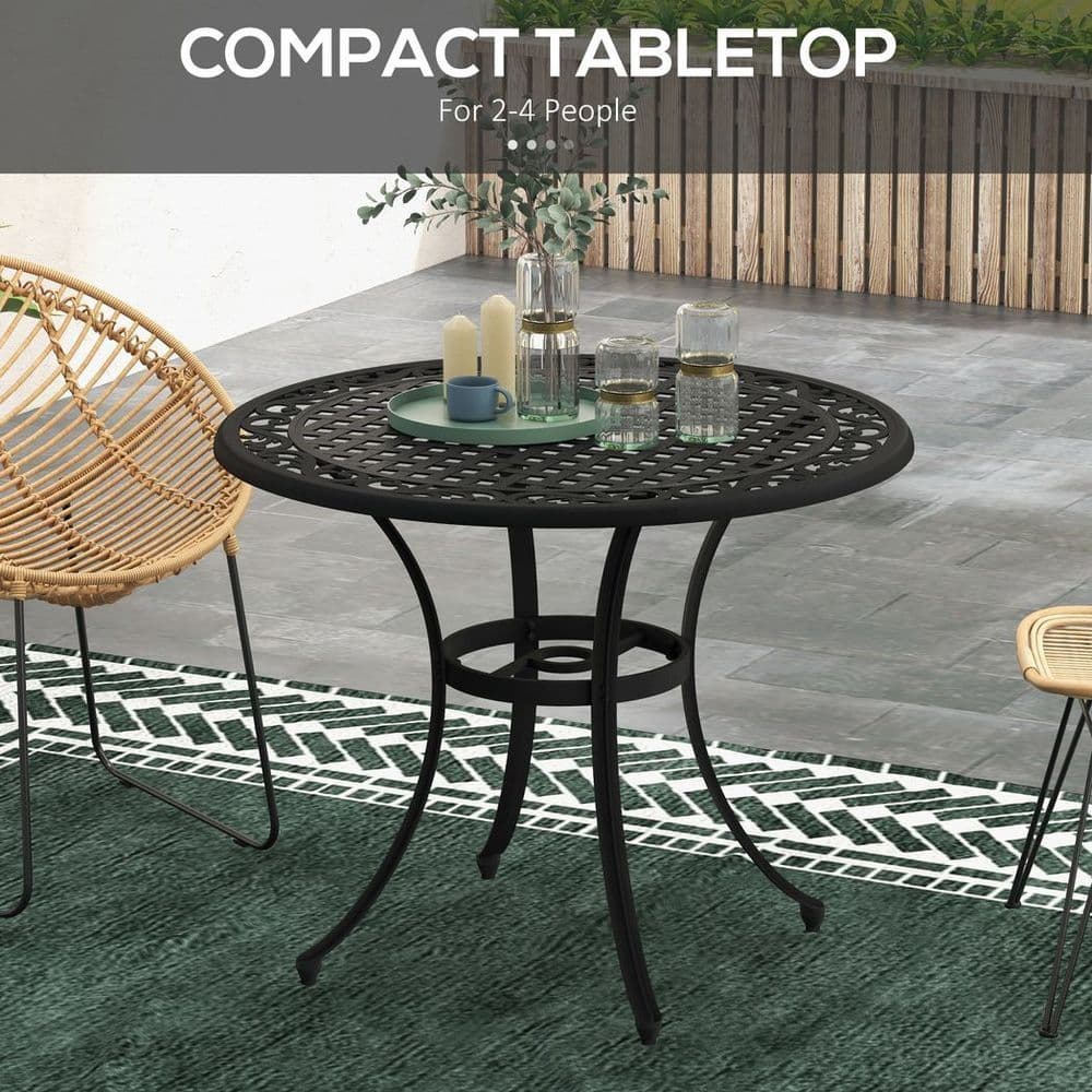 image-Outsunny Garden Table with Parasol Hole for 2-4, Cast Aluminium Frame - Black