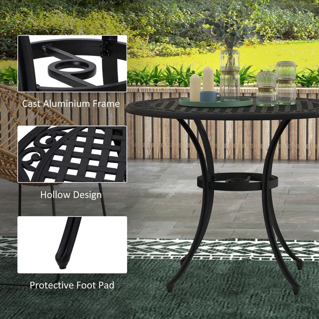 image-Outsunny Garden Table with Parasol Hole for 2-4, Cast Aluminium Frame - Black
