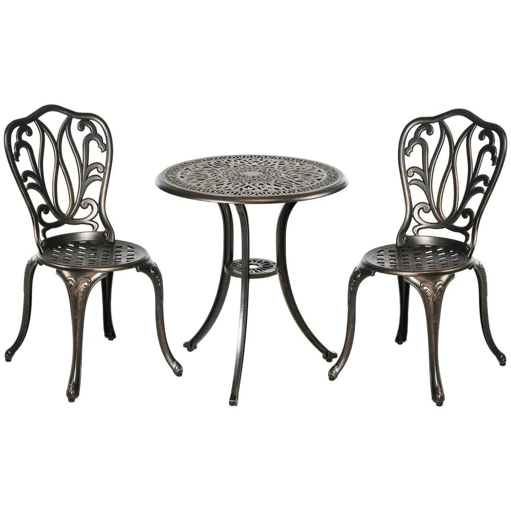 image-Outsunny 3 Piece Patio Bistro Set Outdoor Table Set with Umbrella Hole Bronze