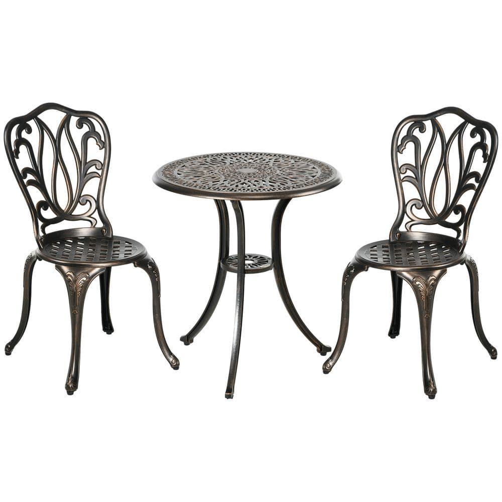image-Outsunny 3 Piece Patio Bistro Set Outdoor Table Set with Umbrella Hole Bronze