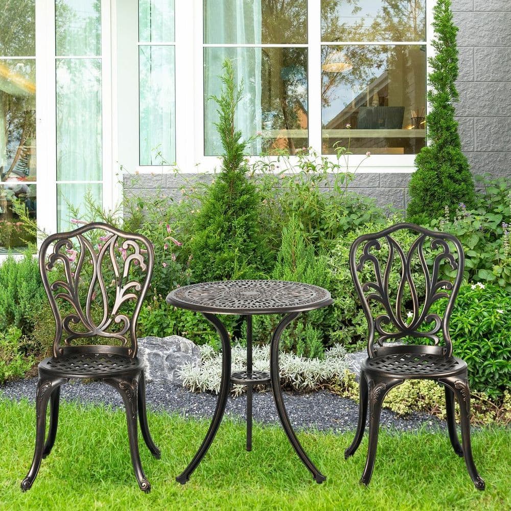 image-Outsunny 3 Piece Patio Bistro Set Outdoor Table Set with Umbrella Hole Bronze