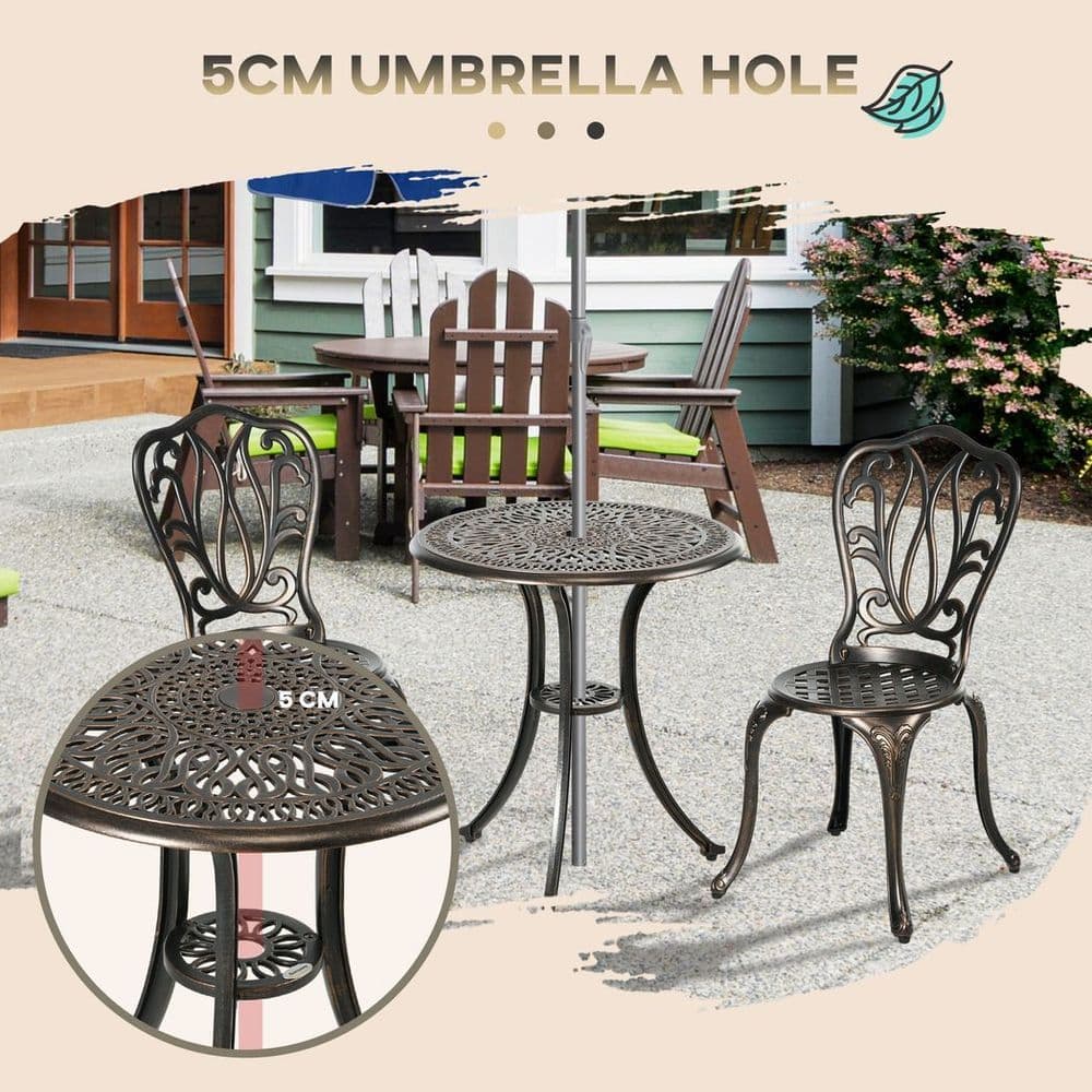 image-Outsunny 3 Piece Patio Bistro Set Outdoor Table Set with Umbrella Hole Bronze