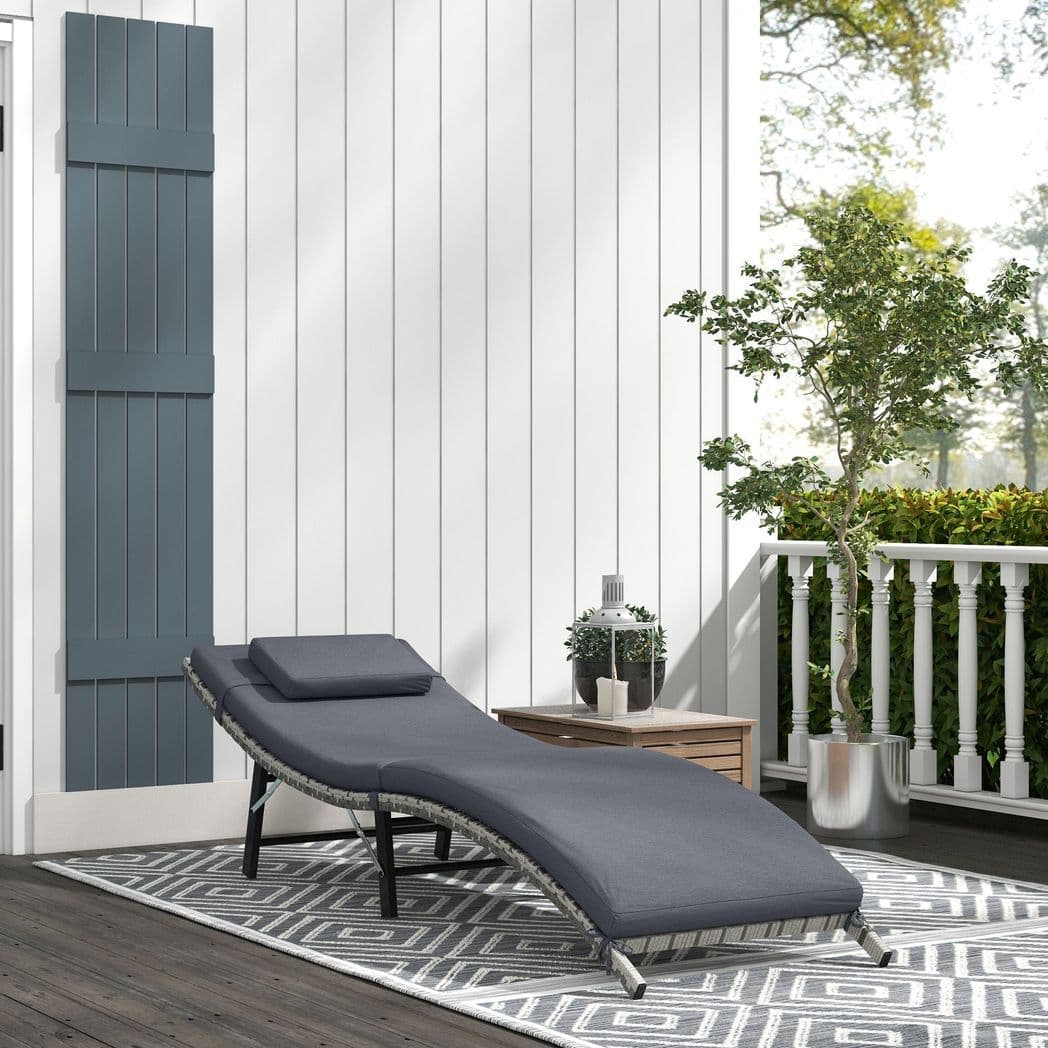 image-Outsunny Folding Rattan Sun Lounger Outdoor Chair with Cushion and Pillow, Grey