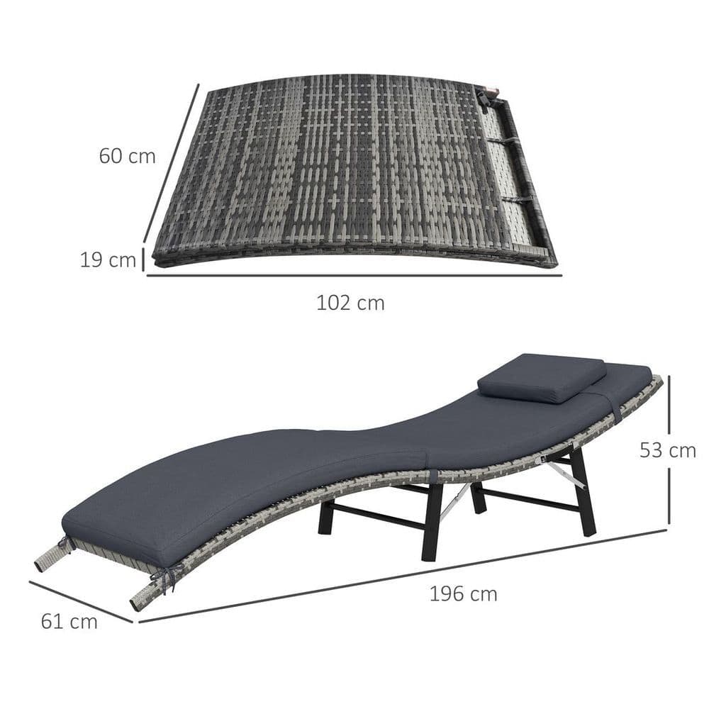 image-Outsunny Folding Rattan Sun Lounger Outdoor Chair with Cushion and Pillow, Grey