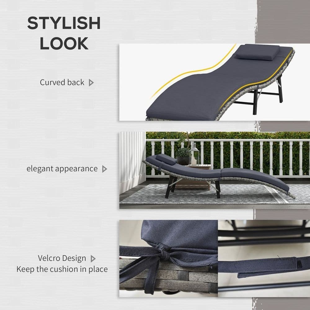 image-Outsunny Folding Rattan Sun Lounger Outdoor Chair with Cushion and Pillow, Grey