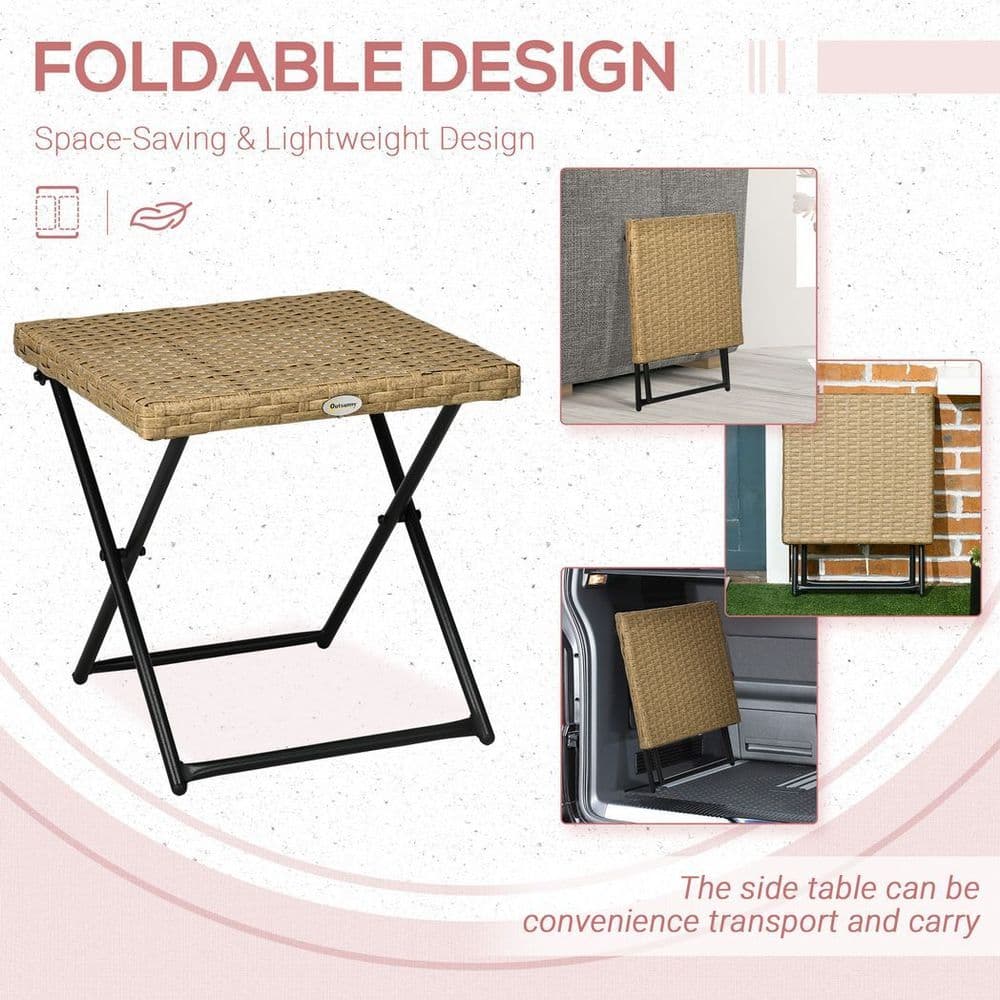 image-Outsunny Folding Square Rattan Coffee Table, Steel Frame Bistro Garden Natural
